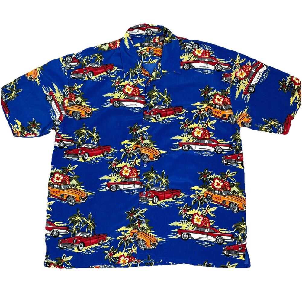 Profile Island Mens Hawaiian Button Shirt Cars Palm Tree Sz XL Vintage Y2K
